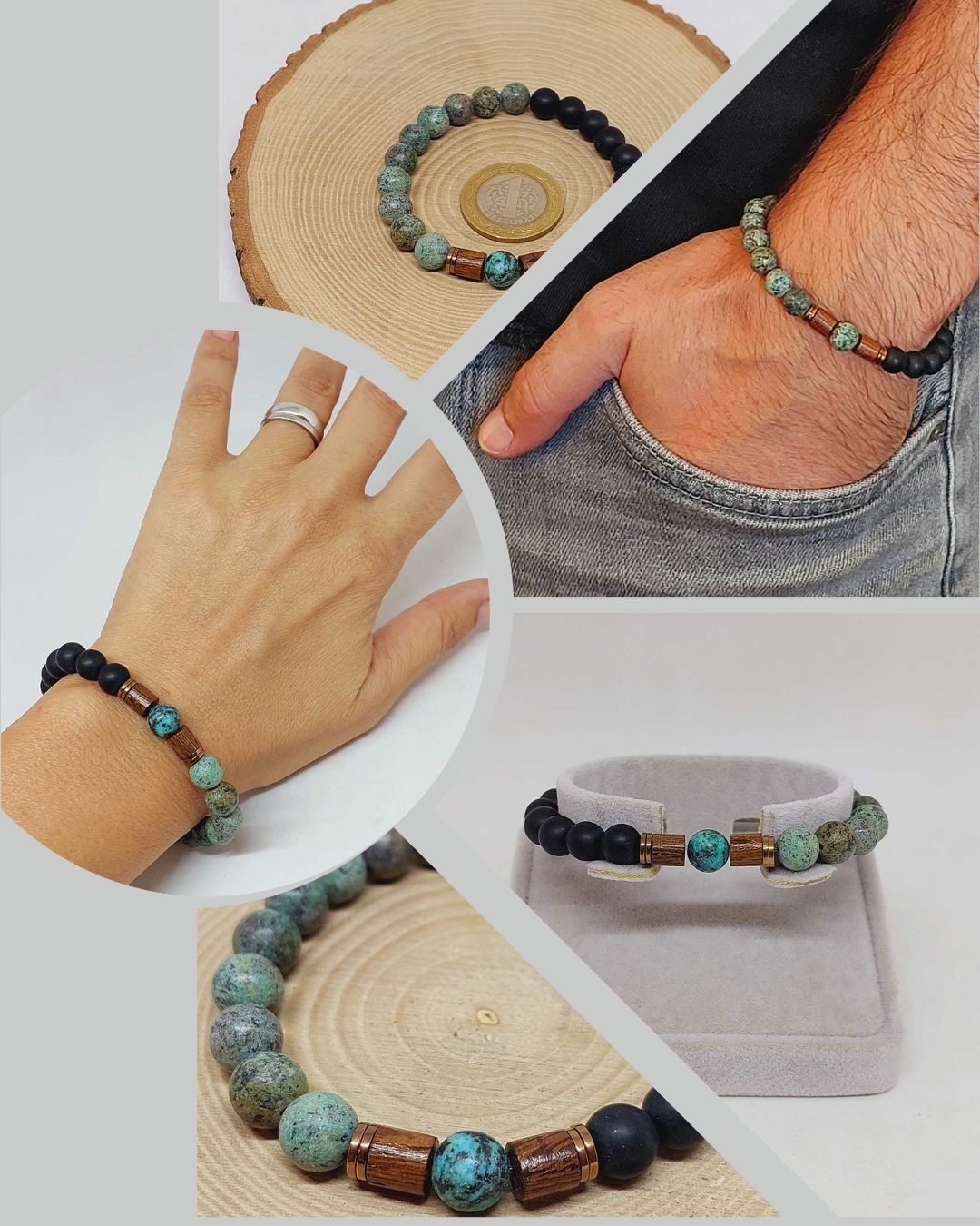 Afrika Turkuaz & Oniks Taşı 8mm Unisex Tasarım Bileklik Hawaii Model (3871)