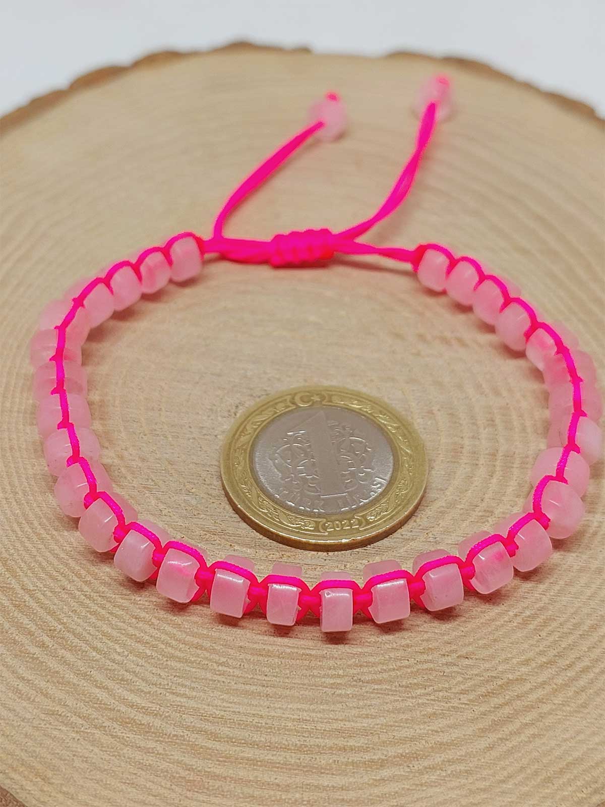 Pembe Kuvars Taşı Rondela Kesim Makrome Tasarım Unisex Bileklik (49358) - Görsel 3