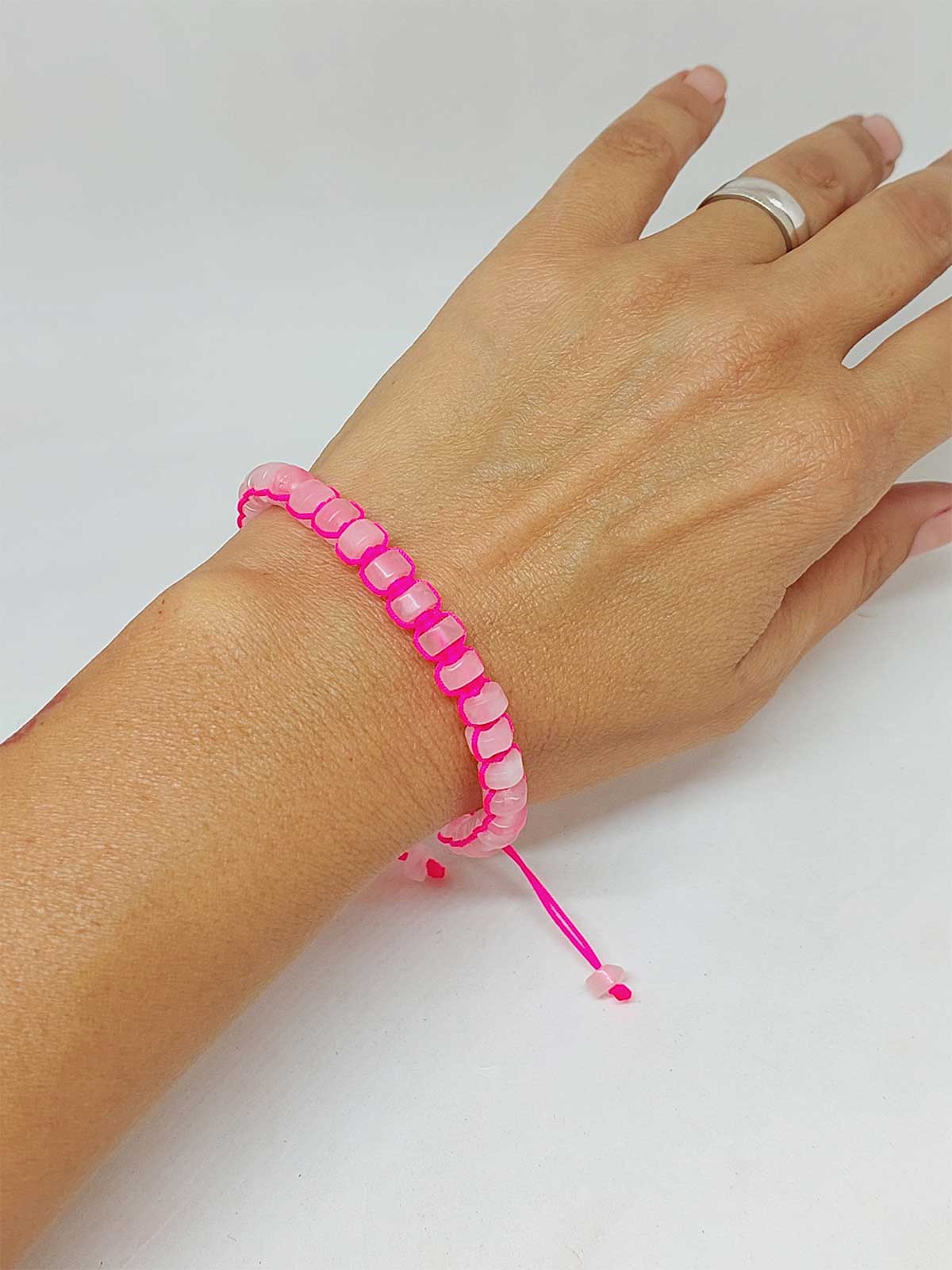 Pembe Kuvars Taşı Rondela Kesim Makrome Tasarım Unisex Bileklik (49358) - Görsel 2