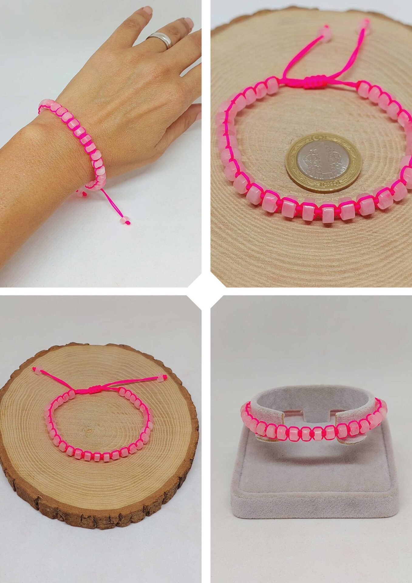 Pembe Kuvars Taşı Rondela Kesim Makrome Tasarım Unisex Bileklik (49358)