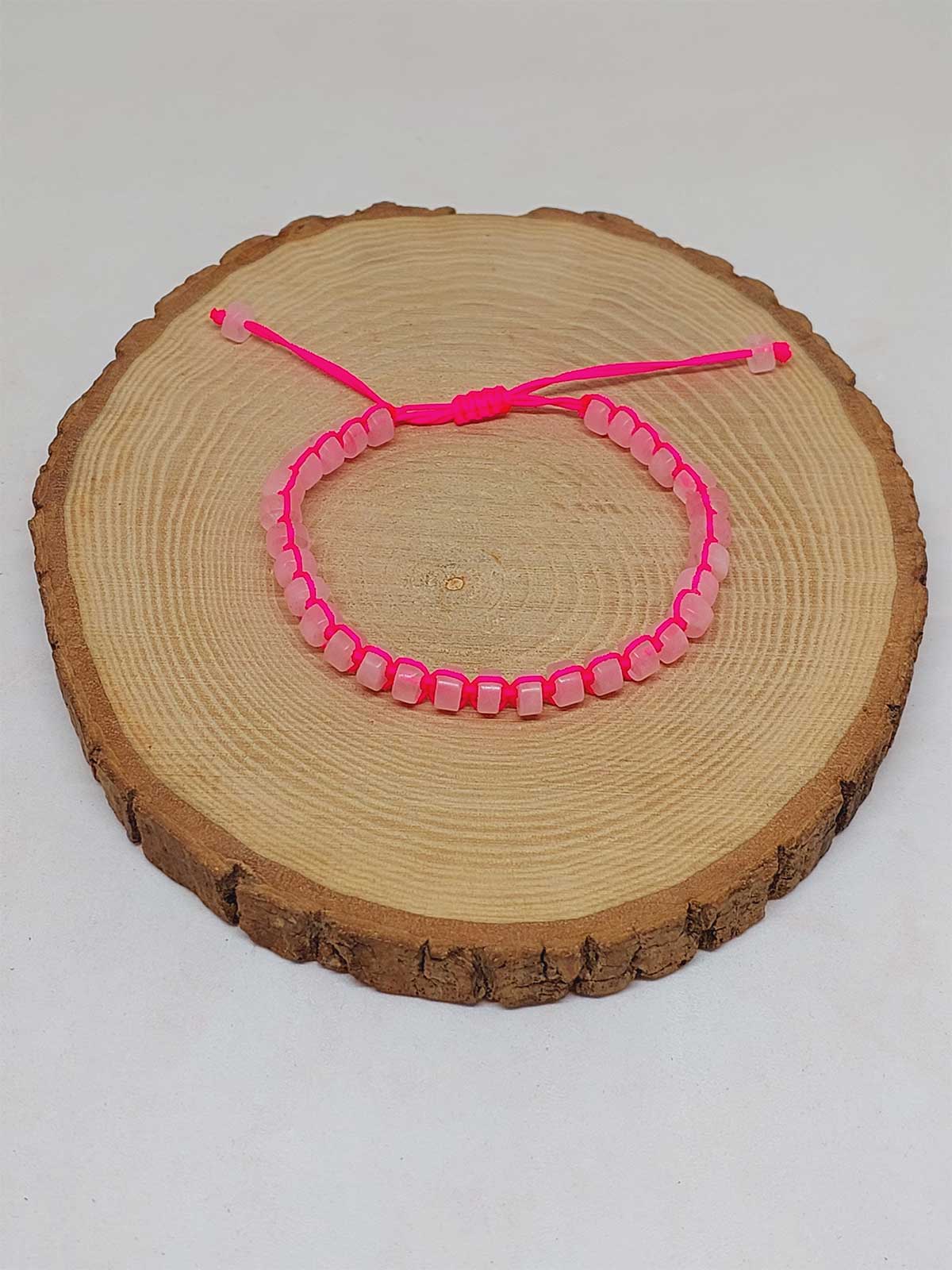 Pembe Kuvars Taşı Rondela Kesim Makrome Tasarım Unisex Bileklik (49358) - Görsel 5